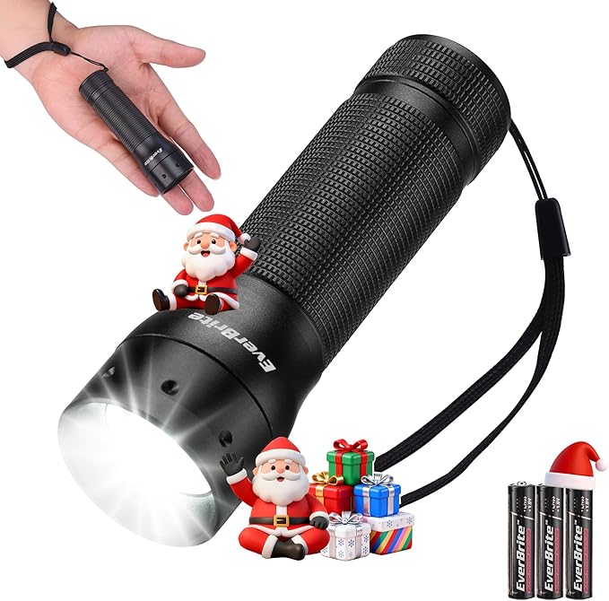 EverBrite Mini Flashlight, Zoomable LED Flash Light, 3 Modes, 3AAA Batteries Included, Handheld Small Flashlight for Camping, Emergency, Home – Black, Christmas Gifts