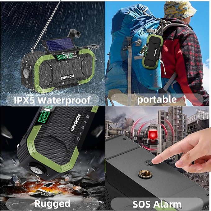 Hand Crank Solar Power Emergency Radio with Waterproof Bluetooth Speaker,Portable AM FM NOAA Weather Radio,5000mAh Rechargeable Battery Operated,Phone Charger,Flashlight,SOS,Survival Storm Camping