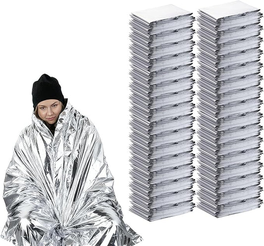 100PCS Emergency Blankets Foil Mylar Thermal Individually Wrapped, Waterproof Survival Blanket for Camping, Outdoors, First Aid Kit Travel