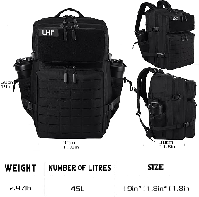 LHI Tactical Military Backpack for Men 25L/45L Large Molle Army Assault Pack 3 Day Hiking Rucksack With Bottle Holder