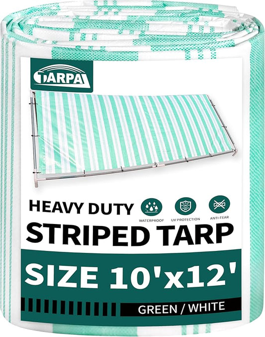 TARPAL Heavy Duty Poly Tarp 10x12 Feet 12mil Striped tarp Multipurpose Protective Cover Durable, Waterproof, Weather Proof, UV,Rip and Tear Proof（Green/White）