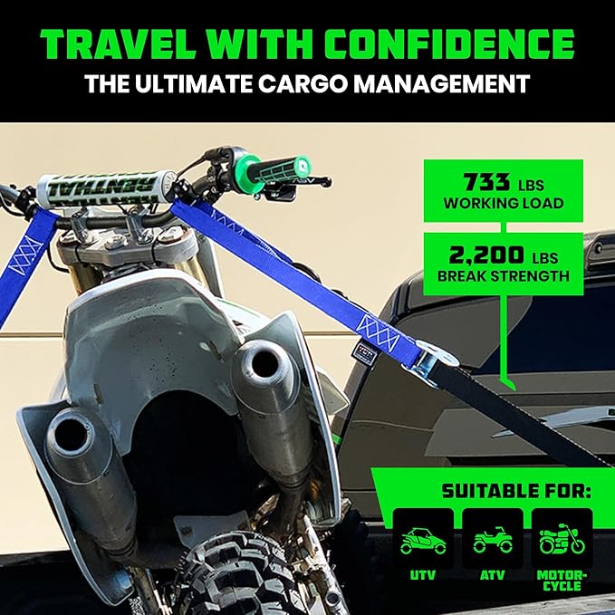 Rhino USA Motorcycle Tie Down Straps (2 Pack) Lab Inspected 2,200lb Break Strength, Steel Cambuckle Tiedown Set with Integrated Soft Loops - Better Than a Ratchet Strap (Blue 2-Pack)