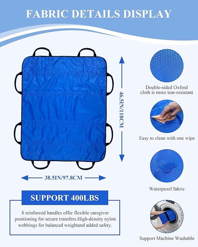 SPRING SEAON Patient Positioning Bed Pad with Handles – Transfer & Slide Sheet for Elderly Care, Waterproof Washable Draw Sheet for Hospital or Home Use, 46.5" x 38.5", 450 LBS Support,Blue