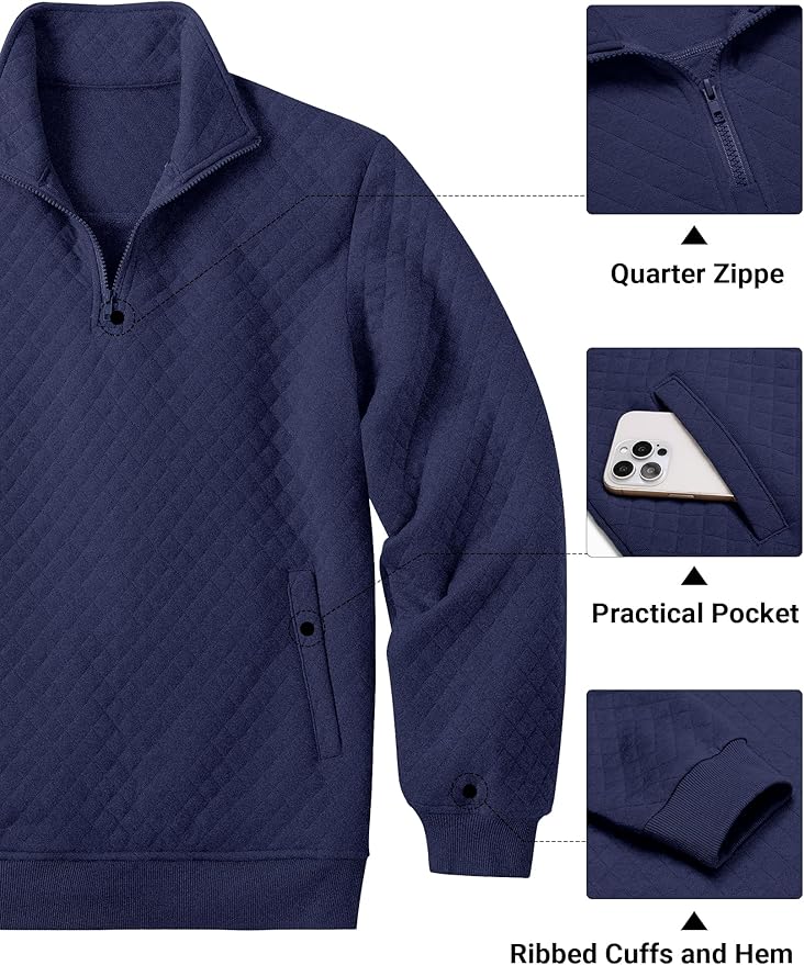 COOFANDY Mens Quarter Zip Pullover Quilted Sweatshirt Knit Long Sleeve Mock Neck Sweater Polo with Pocket