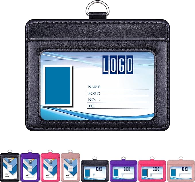 Wisdompro 2-Sided PU Leather ID Badge Holder with 1 ID Window and 1 Card Slot and 1 Piece 23 Inch Adjustable Polyester Detachable Neck Lanyard Strap (Holds 3 to 4 Cards) - Black (Horizontal)