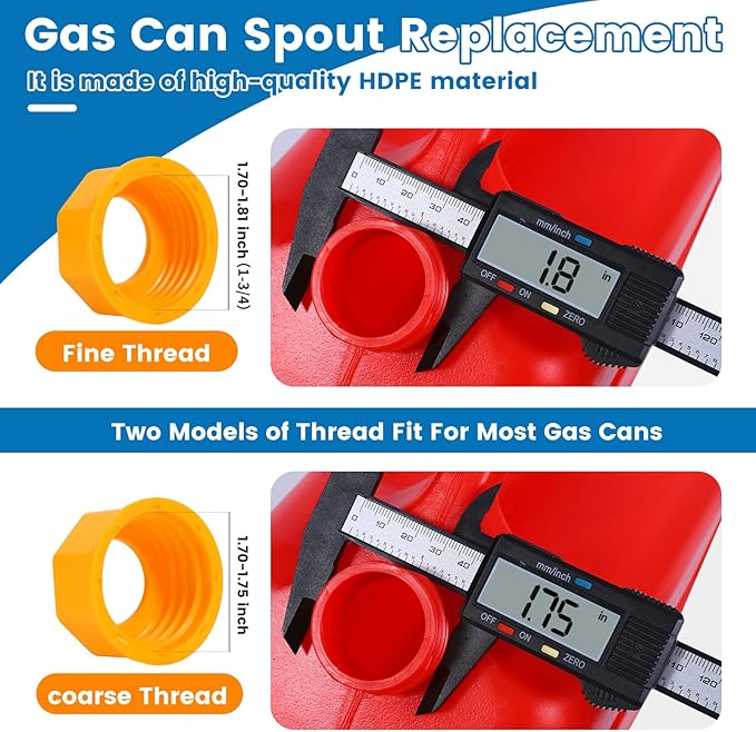 Gas Can Spout Replacement 5 Kits, 1/2/5/10 Gallon Gas Can Nozzle Replacement, Leak Proof, HDPE Material, Yellow, 8 Inch Flexible Nozzles, Spout Cover, Base Cap, Screw Collar Caps, Drill Bit