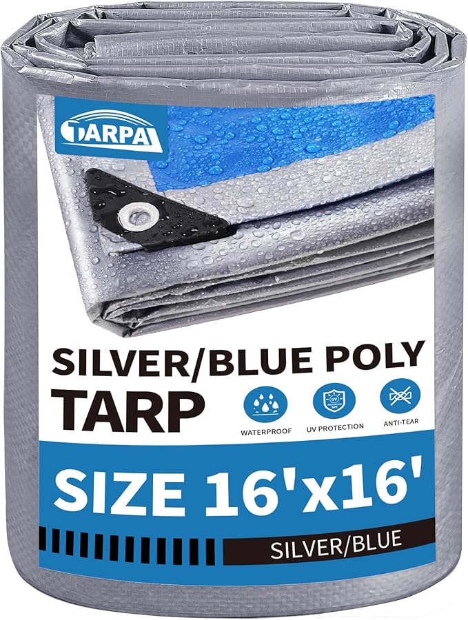 TARPAL Tarp 16x16 Feet Waterproof Large tarps 7.5mil Multipurpose Protective for Outdoors,UV Protection,Rip and Tear Proof,Poly Tarpaulin(Silver/Blue)