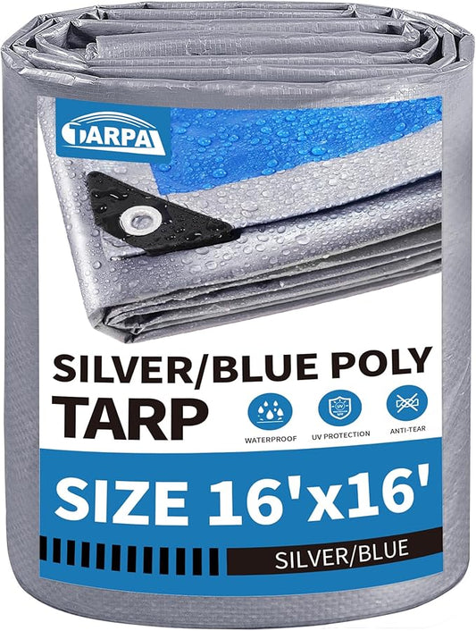 TARPAL Tarp 16x16 Feet Waterproof Large tarps 7.5mil Multipurpose Protective for Outdoors,UV Protection,Rip and Tear Proof,Poly Tarpaulin(Silver/Blue)