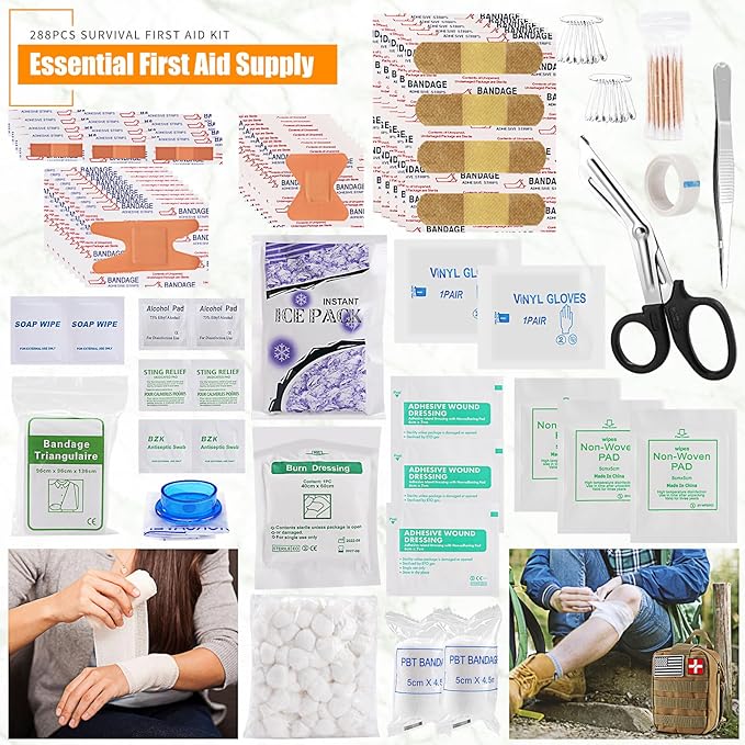 Survival First Aid Kit, Molle Medical Pouch 288PCS Outdoor Emergency Survival Gear and Equipment for Hiking Camping Hunting Car Boat Home Travel and Adventures, Gift for Him Men(Khaki)