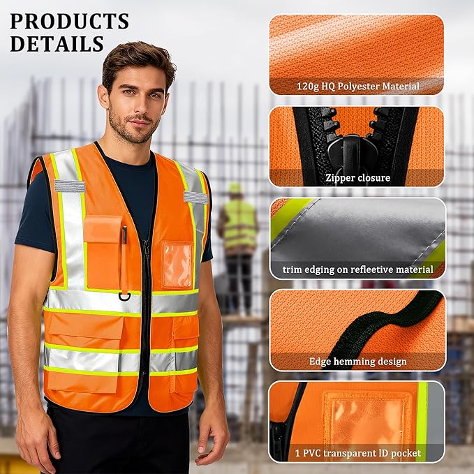 Custom Safety Vest with Logo, High Visibility Reflective Personalized Vest with Pockets and Zipper for Men Women Work