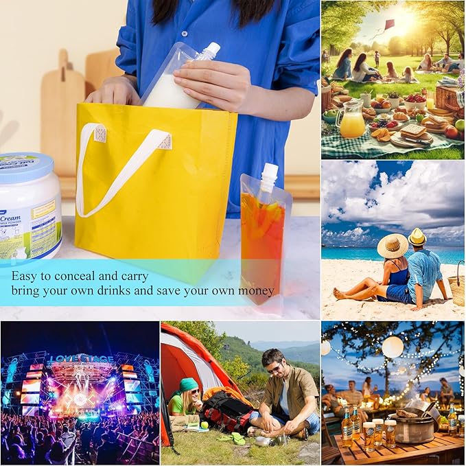 8&16OZ 8PCS Drink Pouches,Reusable Plastic Flask with Funnel for Drinking Liquid Beverage Juice,Stand Up Drink Bags for Travel Camping Outdoor Sport Concert Events,Leak-Proof Food Grade