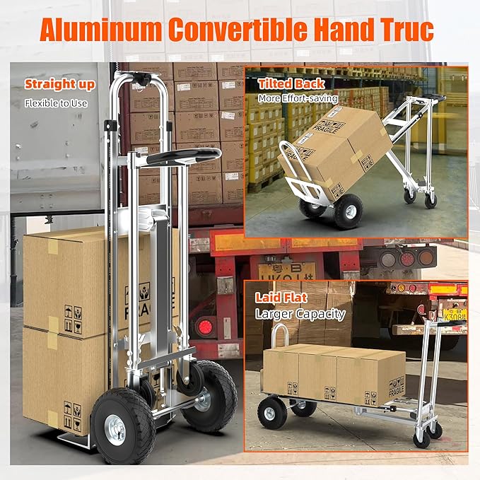 3in1 Convertible Hand Truck Dolly Cart, 880 lb Aluminum Hand Trucks Heavy Duty Furniture Appliance Dolly W/10 Wheels,Utility Cart for Transport & Moving Office, Home & Warehouse Use (Silver)
