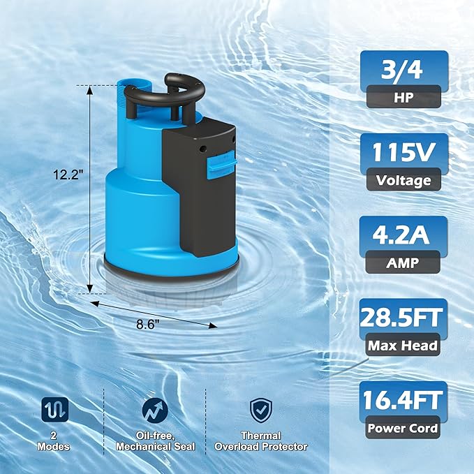 FLUENTPOWER 3/4HP Submersible Sump Pump 3100GPH Utility Water Pump, Auto/Manual Control by Integrated Float Switch, with 16.4 Ft Cord for Pool Tub Garden Pond Flooded Basement Draining