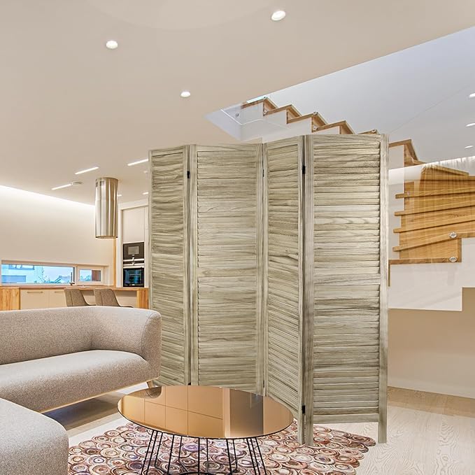 ECOMEX 4 Panel Louver Wood Room Divider 5.6ft.Tall Folding Privacy Screen Panels, Room Divider Wall, Divider for Room Separation, Partition Room dividers and Effectively Block Sight(Natural)