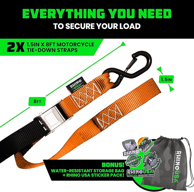Rhino USA Motorcycle Tie Down Straps (2 Pack) Lab Inspected 2,200lb Break Strength, Steel Cambuckle Tiedown Set with Integrated Soft Loops - Better Than a Ratchet Strap (Orange 2-Pack)