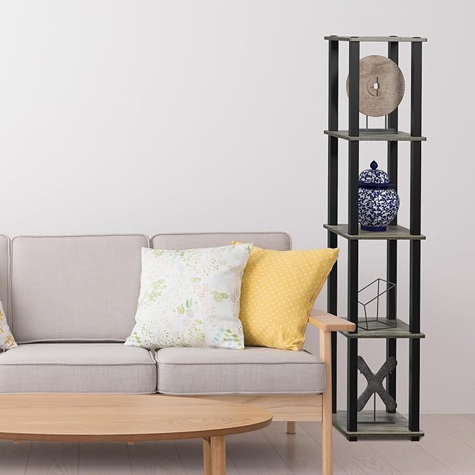 FURINNO Turn-S-Tube 5-Tier Corner Square Rack Display Shelf, French Oak Grey/Black