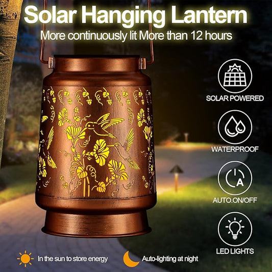 Solar Lantern Outdoor Hanging Waterproof Outside Metal Openwork Hummingbird Pattern Birthday Gifts for Women Mom Landscape Lights for Porch Garden Yard Patio Pathway Decor(Two Hummingbirds)