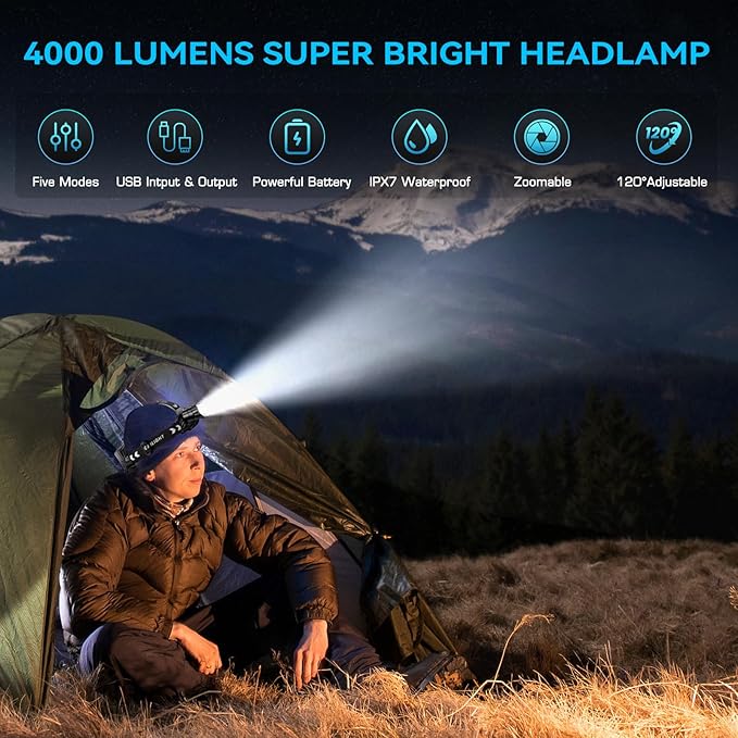 Sinvimes 4000 High Lumen LED Rechargeable Headlamp, 95H Long Battery Life Head Lamp with 5 Modes & IPX7 Waterproof & Zoomable, 120° Adjustable Head Light for Adults, Outdoor, Camping, Hardhat