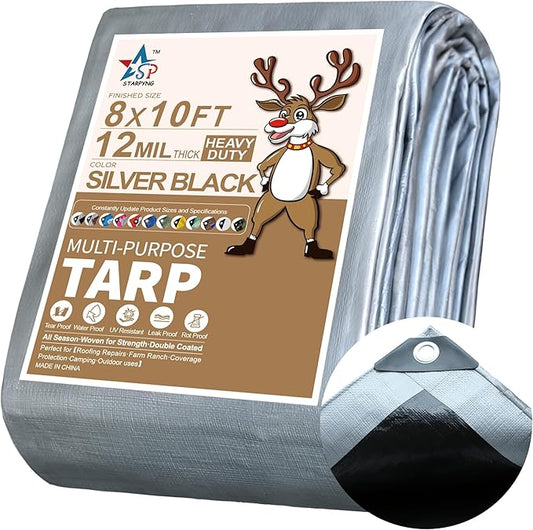 STARPYNG-12 Mil Silver/Black 8x10 Feet Tarp-Heavy Duty Poly Tarp-Cover,Waterproof, UV Resistant, Weather Resistant, Cover Cars, Boats, Courtyards,Camping