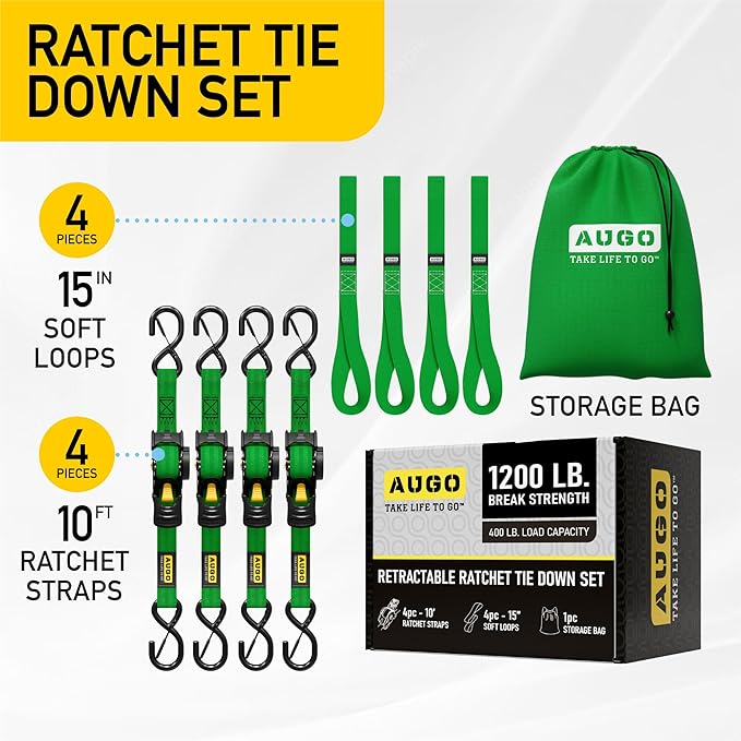 AUGO Retractable Ratchet Straps | 4 Heavy Duty Self Retractable Tie Down Straps with Soft Loops & Storage Bag for Motorcycle, Truck, Trailer, Cargo Van | 1200 Lb Break Strength 1' x 10'