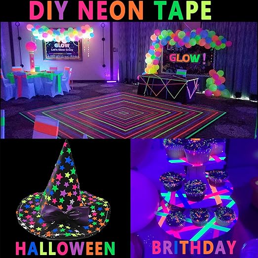 SWRT Neon Gaffer Cloth UV Blacklight Tape for Party Supplies, 5 Rolls Multi-Color UV Fluorescent Glow in The Dark Tape for Party Decoration, Dance Floors, UV Party (0.6 inch x 16.5 feet)