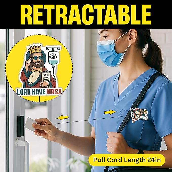 Funny Nurse Badge Reel, Lord Have MRSA Retractable ID Holder with Alligator Clip, Humorous Design for Nursing Student, Doctor, Medical Assistant & Office Staff