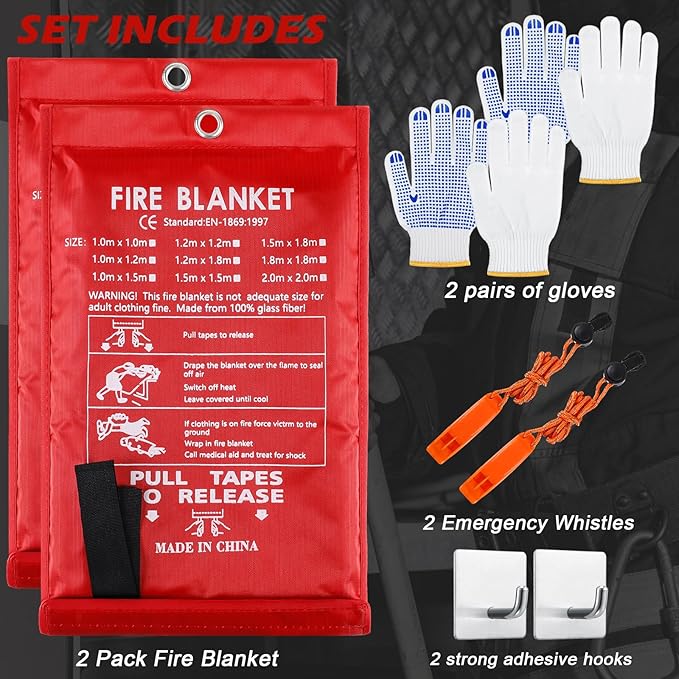 2 Sets Emergency Fire Blanket for Home Fire Suppression Thermal Blankets with Emergency Whistles, Hooks and Gloves for Kitchen, Fireplace, Car, Office, 39.3" x 39.3"