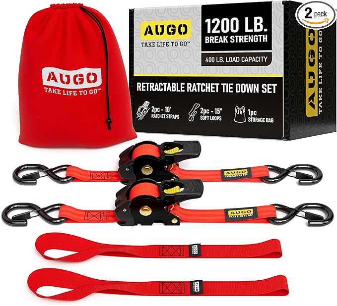 AUGO Retractable Ratchet Straps | 2 Heavy Duty Ratchet Straps Self Retractable Tie Downs with Soft Loops & Storage Bag for Motorcycle, Truck, Trailer, Cargo Van | 1200 Lb Break Strength 1” x 10’