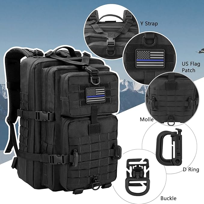 MOLLE Assault Backpack, Tactical Backpack Military Army Camping Rucksack, 3-Day Pack Trip w/USA Flag Patch, D-Rings, Black