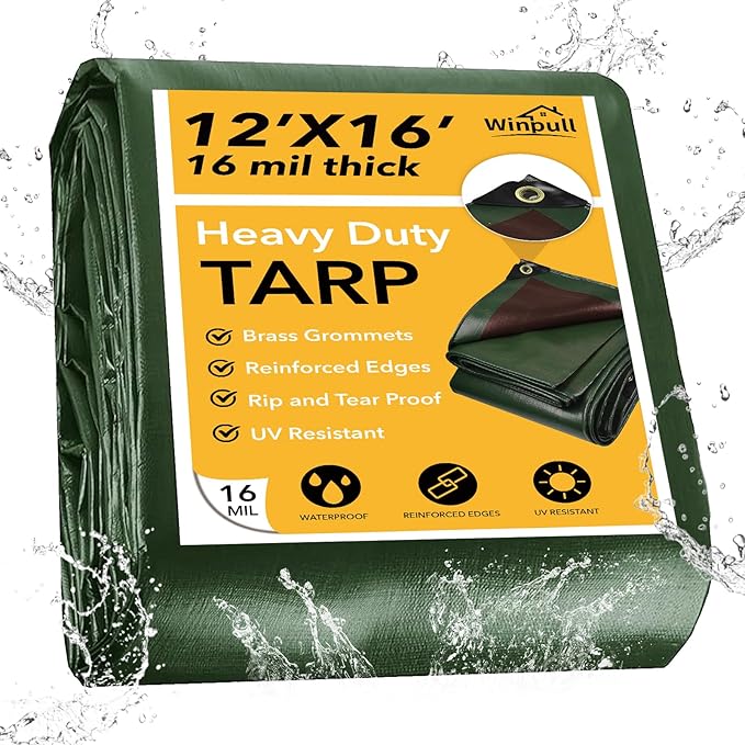 Tarp 12x16 Feet 16 Mil Heavy Duty Waterproof Tarp, Large Multipurpose Cover with Brass Grommets and Reinforced Edges, UV Resistant Thick Poly Tarps for Outdoor Camping Tent Pool Car, Green
