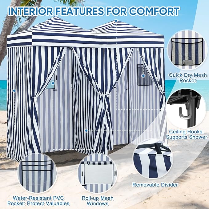 EAGLE PEAK Outdoor Changing Room 8x4, 2 Room Pop Up Portable Changing Room, Sun Shelter, Pop Up Changing Tent for Beach or Pool,Portable Dressing Room for Photoshoots (White/Blue)