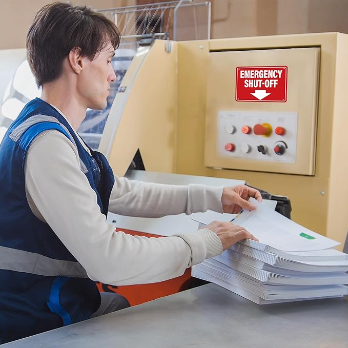 Emergency Shut-Off Sign Sticker with Down Arrow, Waterproof Durable Emergency Stop Stickers, Shut Off Valve Sign for Powered Machinery and Equipment