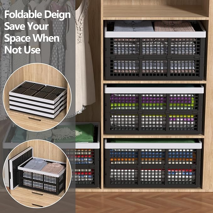 Xyskin 66 L Plastic Folding Storage Crate, Stacking Crate, Portable Collapsible Storage Basket, 4 Packs