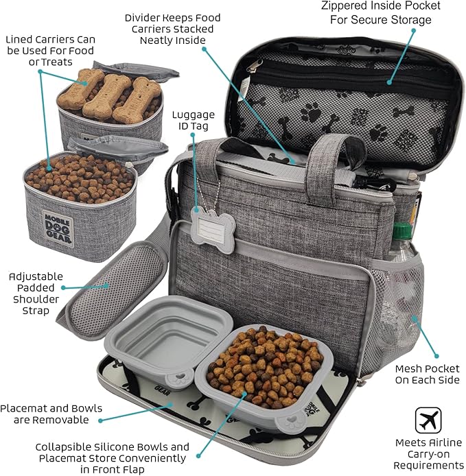 Mobile Dog Gear Week Away Dog Travel Bag (12"x6"x11", Heathered Gray) - Includes 2 Pet Food Storage Containers + 2 Collapsible Dog Water Bowls - Airline Approved Accessories, Great for Weekend Trips
