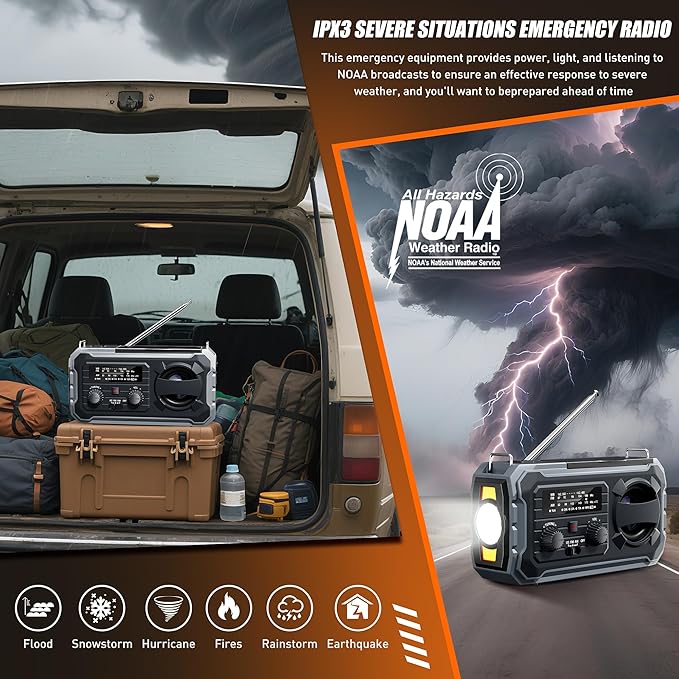 Hand Crank Emergency Radio, 10000mAh Weather Radio with AM/FM/NOAA, Solar Prower, SOS Alarm, Phone Charging, LED Flashlight, Portable Survival Gear for Outdoor & Home Emergencies Kits, Grey
