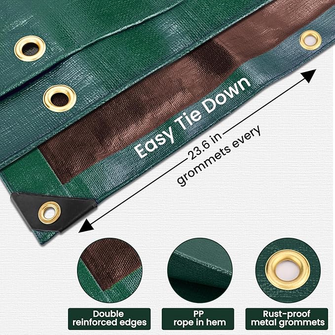 Tarp 12x20 Feet 16 Mil Heavy Duty Waterproof Tarp, Large Multipurpose Cover with Brass Grommets and Reinforced Edges, UV Resistant Thick Poly Tarps for Outdoor Camping Tent Pool Car, Green