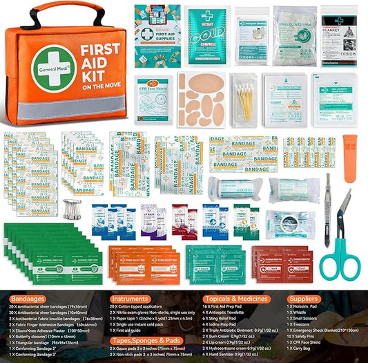 General Medi First Aid Kit - 150 Pieces Small Compact First Aid Kit Bag - Includes Instant Cold Pack, Emergency Blanket for Travel, Home, Office, Vehicle, Camping（Orange）