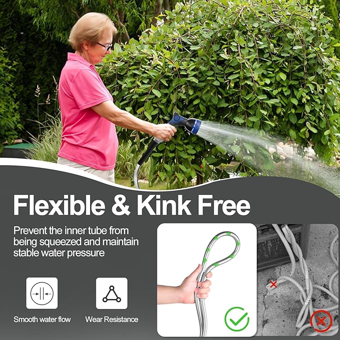 SPECILITE 150ft 304 Stainless Steel Garden Hose Metal, Heavy Duty Water Pipe with Nozzles for Yard, Outdoor - Flexible, Never Kink & Tangle, Puncture Resistant (Sliver)