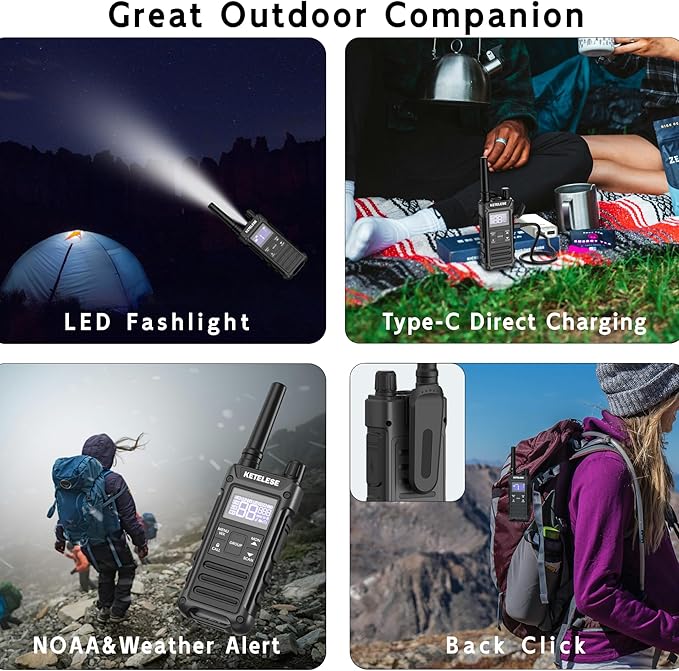 KETELESE T3G IP67 Waterproof Walkie Talkies for Adults, Heavy Duty 2 Way Radios with Earpiece, Three Charging Options, GMRS Radio, USB, NOAA, VOX(2 Pack), Black/Grey