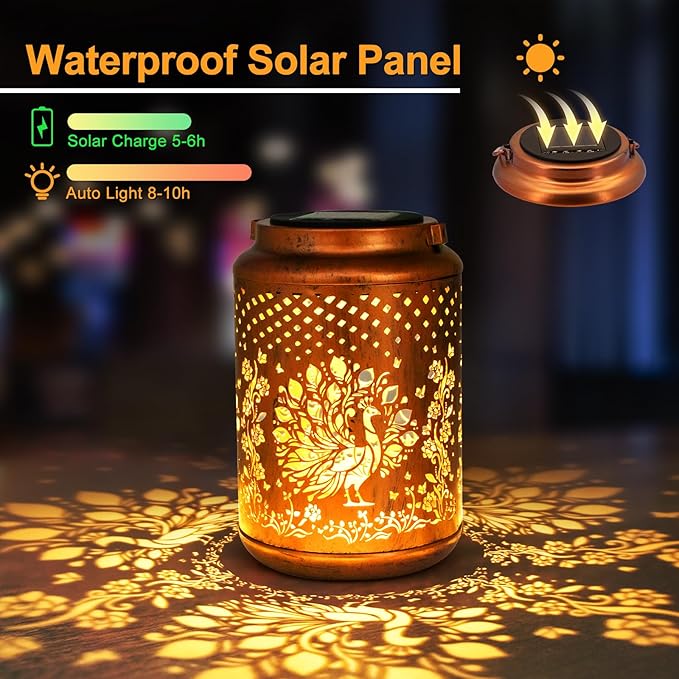 YISITEONE Peacock Outdoor Solar Lanterns, Garden Waterproof Metal Hanging Decor Lights for Patio Yard Pathway Lawn Front Porch, Birthday Gardening Gifts for Women Mom Grandma