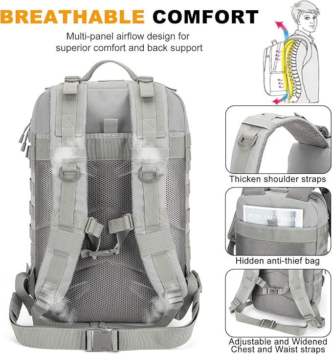 Tactical Backpack 45L Army Military Rucksack, Water Resistant MOLLE Pack, Large 3 Day Bug Out Bag for Men & Women, Durable Outdoor Gear for Hiking, Camping, Hunting, Travel (Grey)