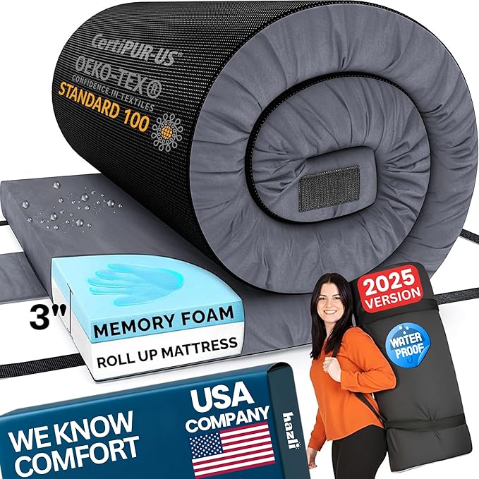 Hazli Matrix Memory Foam Camping Mattress Pad - Roll Up Mattress for Adults - Portable Cot Sleeping Pad for Camping - Floor Mat or Bed Roll for Car, SUV