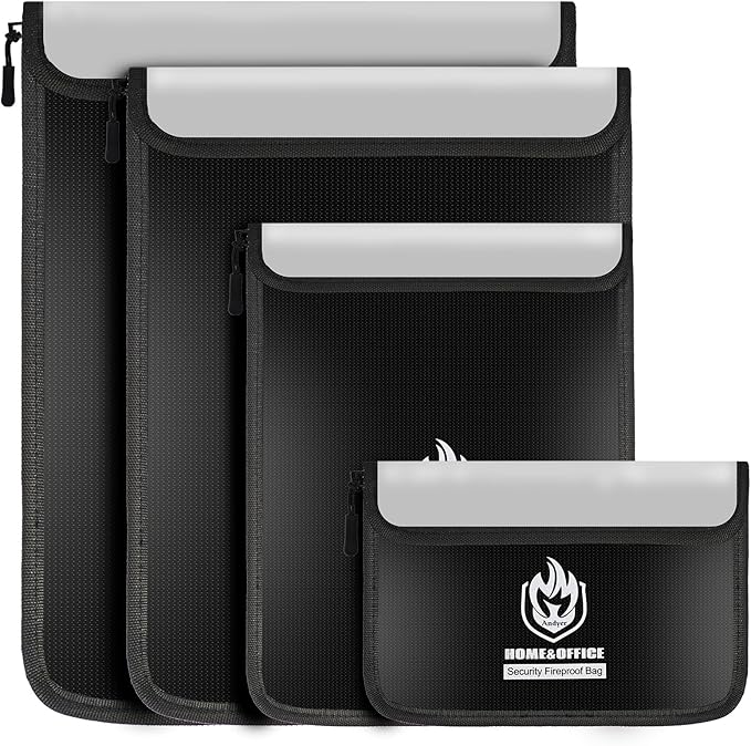 4 Pack Fireproof Document Bags, Waterproof Document Pouch Holder with Zipper, Fire Proof Money Bag for Cash, Fireproof Envelope Fire Safe Bag, Fire Resistant Storage for Legal/A4 Size (Black)