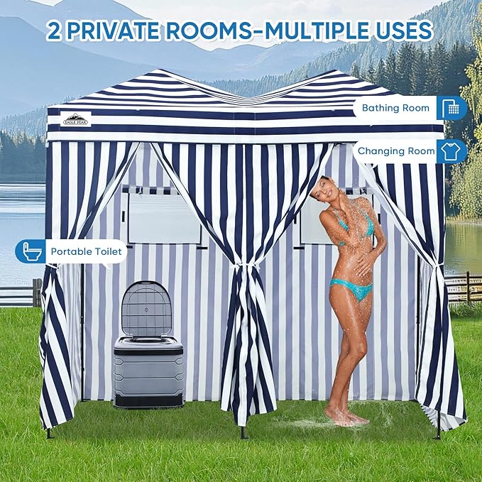 EAGLE PEAK Outdoor Changing Room 8x4, 2 Room Pop Up Portable Changing Room, Sun Shelter, Pop Up Changing Tent for Beach or Pool,Portable Dressing Room for Photoshoots (White/Blue)