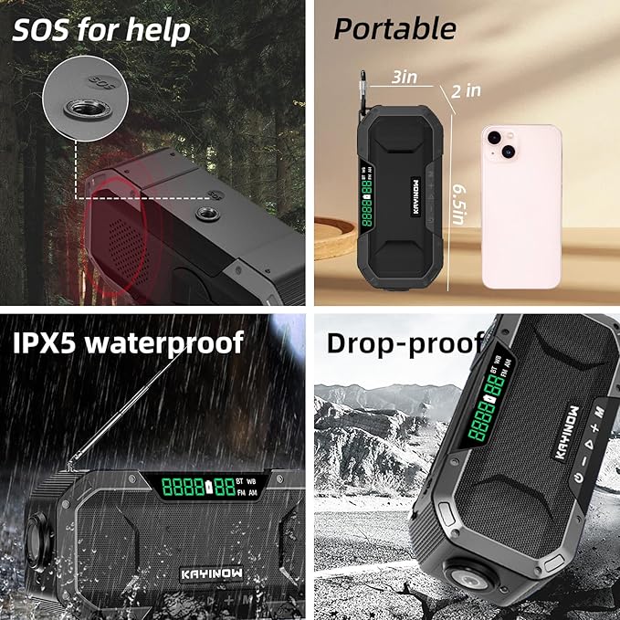 Solar Hand Crank Emergency Radio with Waterproof Bluetooth Speaker,Portable AM FM NOAA Weather Radio, Rechargeable 5000mAh Battery Power, Wind Up Flashlight Phone Charger, SOS,Survival Storm Hurricane