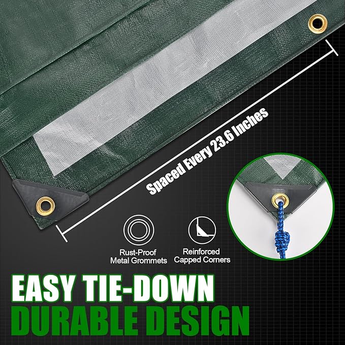 Sunvigor Tarp Waterproof 16x20Ft, Extra Thick 16 Mil Heavy Duty Tarp Cover, Tear & Fade Resistant, Outdoor Tarps with Brass Grommets and Reinforced Edges for Roof, Camping, Patio, Boat (Green/Silver)