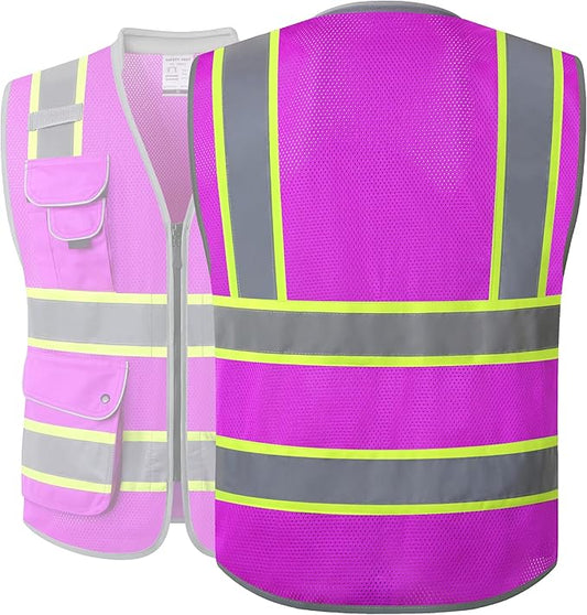 JKSafety 9 Pockets Hi-Vis Safety Vest Breathable Mesh Fabric Cushioned Collar Work Utility PPE Lightweight Industrial Work Gear ANSI/ISEA compliant (101-Purple M)