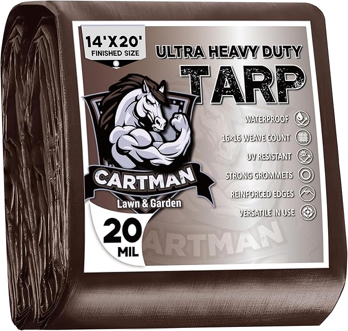 CARTMAN Finished Size 14x20 Feet Extra Thick 20 Mil Brown Ultra Heavy Duty Poly Tarp, Multipurpose Protective Cover, UV Resistant, Waterproof Poly Tarpaulin with Reinforced Edges