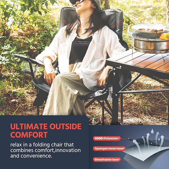 OUTSIDER Folding Camping Chair 400LBS Capacity, Portable Outdoor Lawn Chairs with Ergonomic Lumbar Support, Cooler Bag, Cup Holder, Pockets, Headrest for Beach, Lawn, Hiking (Style-1, 1pc)