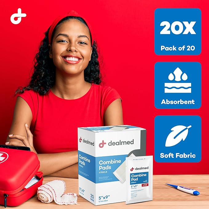 Dealmed Abdominal Combine Pads 5"x9" (20-Pack) Sterile Individually Wrapped, ABD Pads, Absorbent, Non Adherent for Wound Care, Drainage, First Aid, 20/Box (1 Pack)